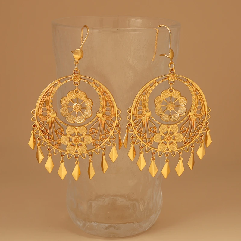 KDE Gold Plated Large Earrings for Women Nigerian Bridal Earrings Bohemian Fringed Ethnic Style Long Personality Ear Jewelry