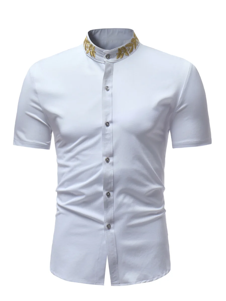

Men's Personalized Wheat Ear Embroidery Stand-up Collar Short-sleeved Shirt Bottom Solid Color Top