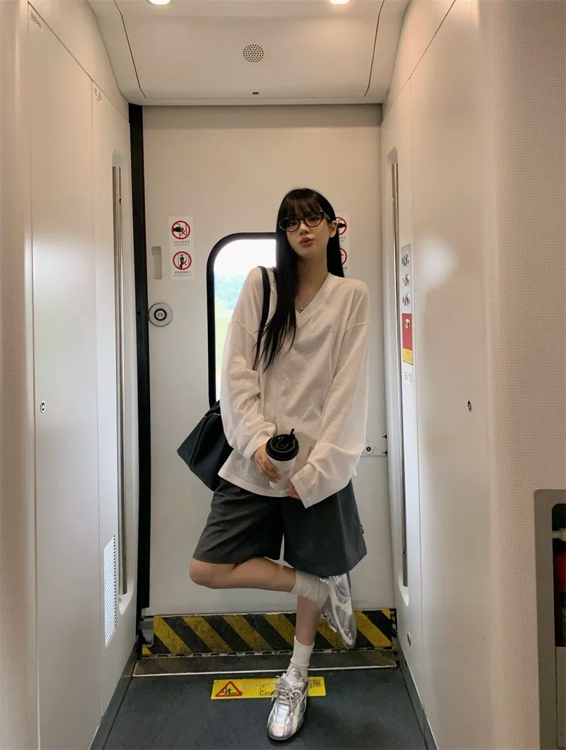 

Женский повседневный модный комплект из двух предметов: футболка с V-образным вырезом и длинным рукавом для защиты от солнца, однотонный, свободного кроя, весенне-летний наряд