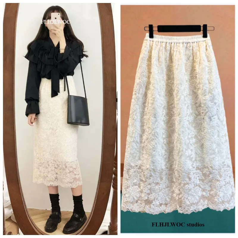 Art Mori Girls Lace Skirts Women's Cute Japanese Style Floral Embroidered Retro Vintage High Waist Lace Beach Dress Long Skirt