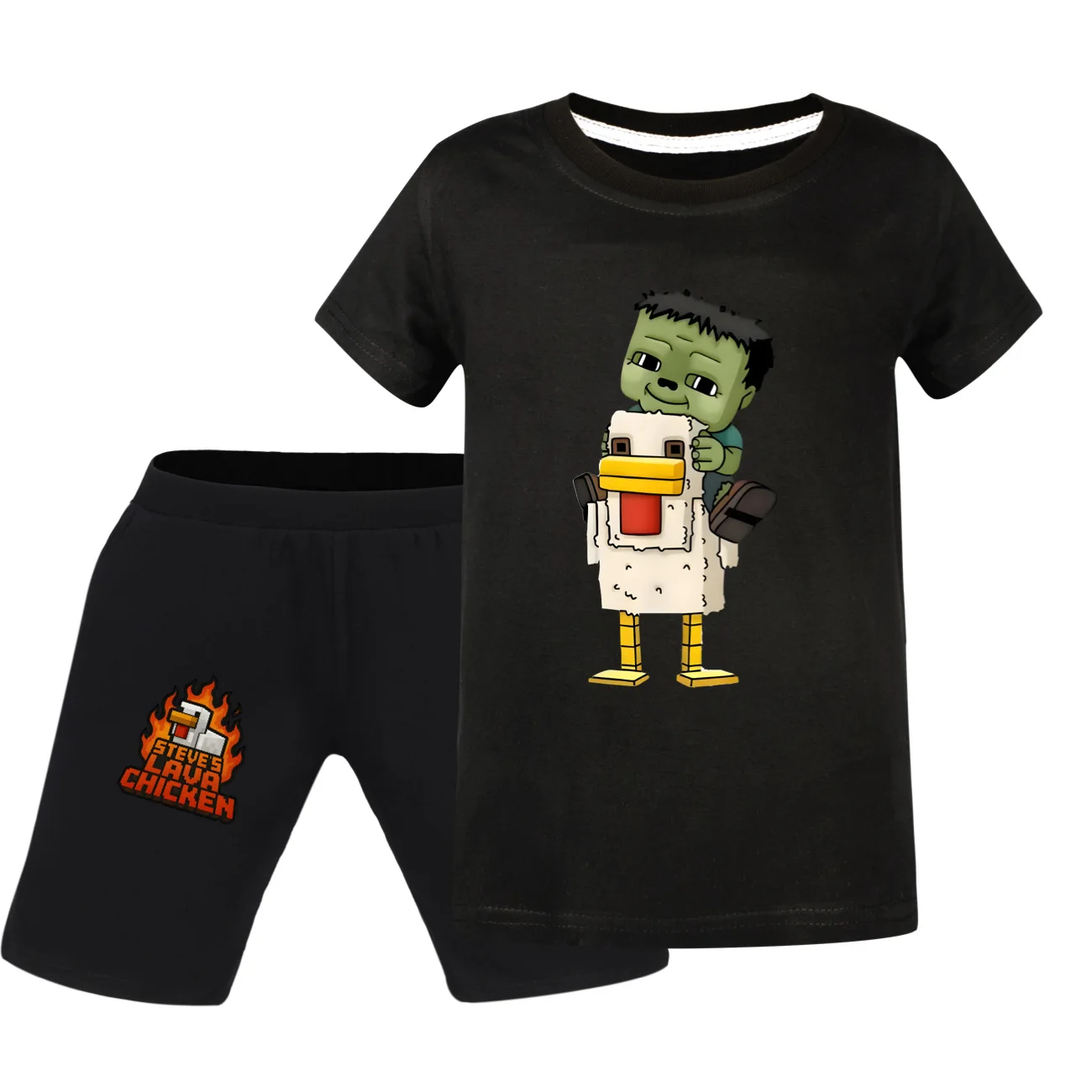 الصيف الدجاج الفارس طفل ملابس الطفل 2 قطعة الأطفال دعوى تي شيرت كامل مجموعة تي شيرتات قصيرة للأطفال الملابس الصبي الفتيات ستيف الحمم الدجاج مجموعات #2