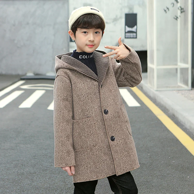 Girls Wool Coat Jacket Outerwear 2022 Khaki Thicken Velvet Winter Autumn Cotton Plus Size Windproof Children\'s Clothing