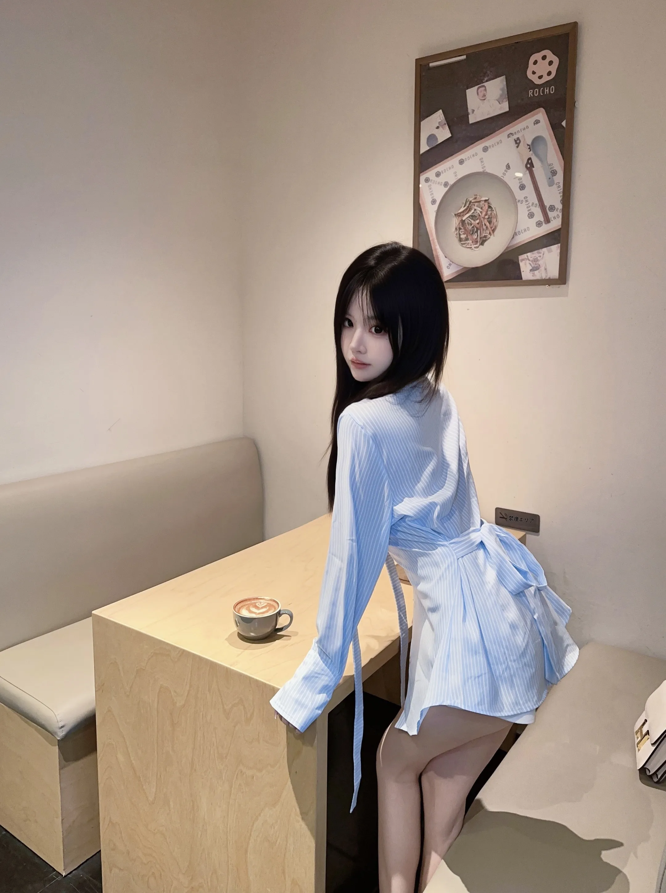 

Elegant Striped Long Sleeve Shirt Women's Waist-Cinching Design Neck Hanging Sash Korean Style Sweet Style Fashion Top