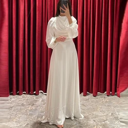 Carolina High Neck Evening Dresses Women Puffy Sleeves Pleated Satin Elegant A-Line Wedding Guest Elegant Formal Party Gowns