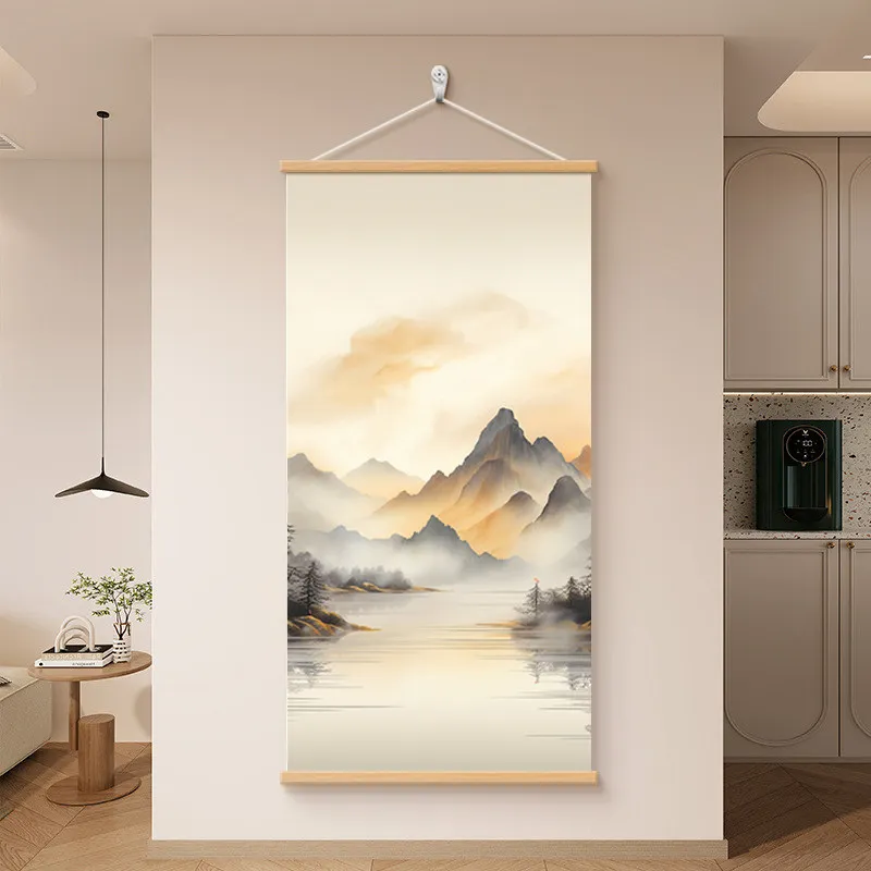 Wall Art Mountain Ridge and Misty Forest Chinoiserie Pearlescent Canvas Hanging Scroll with Wooden Rods for Entryway