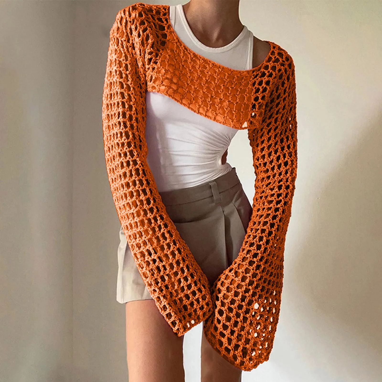 Long Sleeve Crochet Top 2024 Summer New Womens Knitted Crop Top Knitted Mesh Top Green Openwork Beach Smock Y2k Streetwear