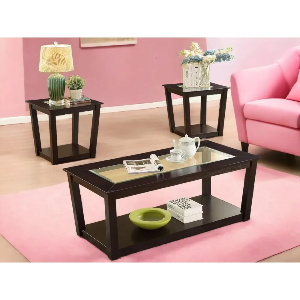 Contemporary Rectangle 3-Piece Occasional Table Set Includes Glass Coffee Table and 2 End Tables (Style B)