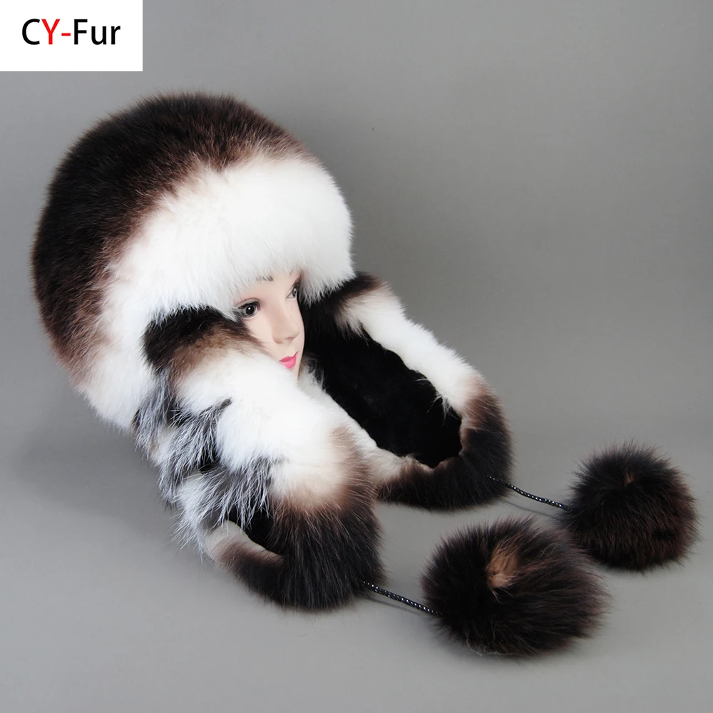 Real Fox Fur Hats For Women Winter Fashionable Stylish Russian Thick Warm Beanie Hat Natural Fluffy Fur Hat Fox Fur Bomber Hat