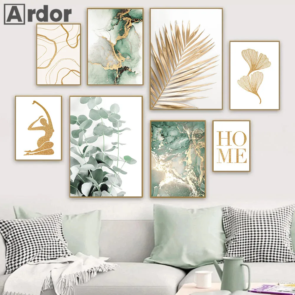 Gouden Figuur Lijn Gingko Palmblad Muur Canvas Poster Abstract Groen Marmer Print Schilderij Nordic Muur Foto 'S Slaapkamer Decor