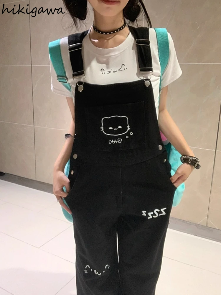 Overalls Outfits Fashion Two Piece Sets Women's Clothing White Short Sleeve Tshirts Cartoon Jumpsuits Suit Casual Summer Y2k Set