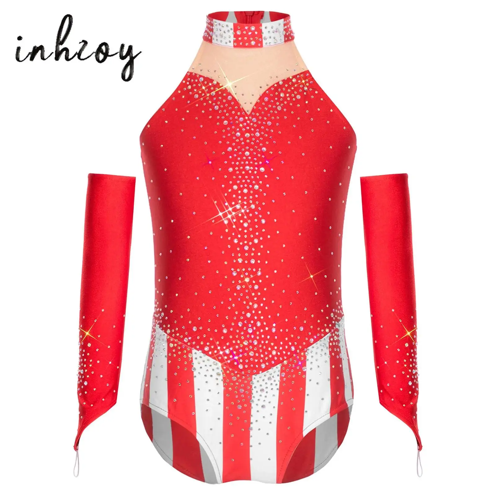 

Kids Girls Circus Leotard 2Pcs Sleeveless Shinny Rhinestones Jumpsuit+Oversleeves Set for Christmas Carnival Halloween Parties