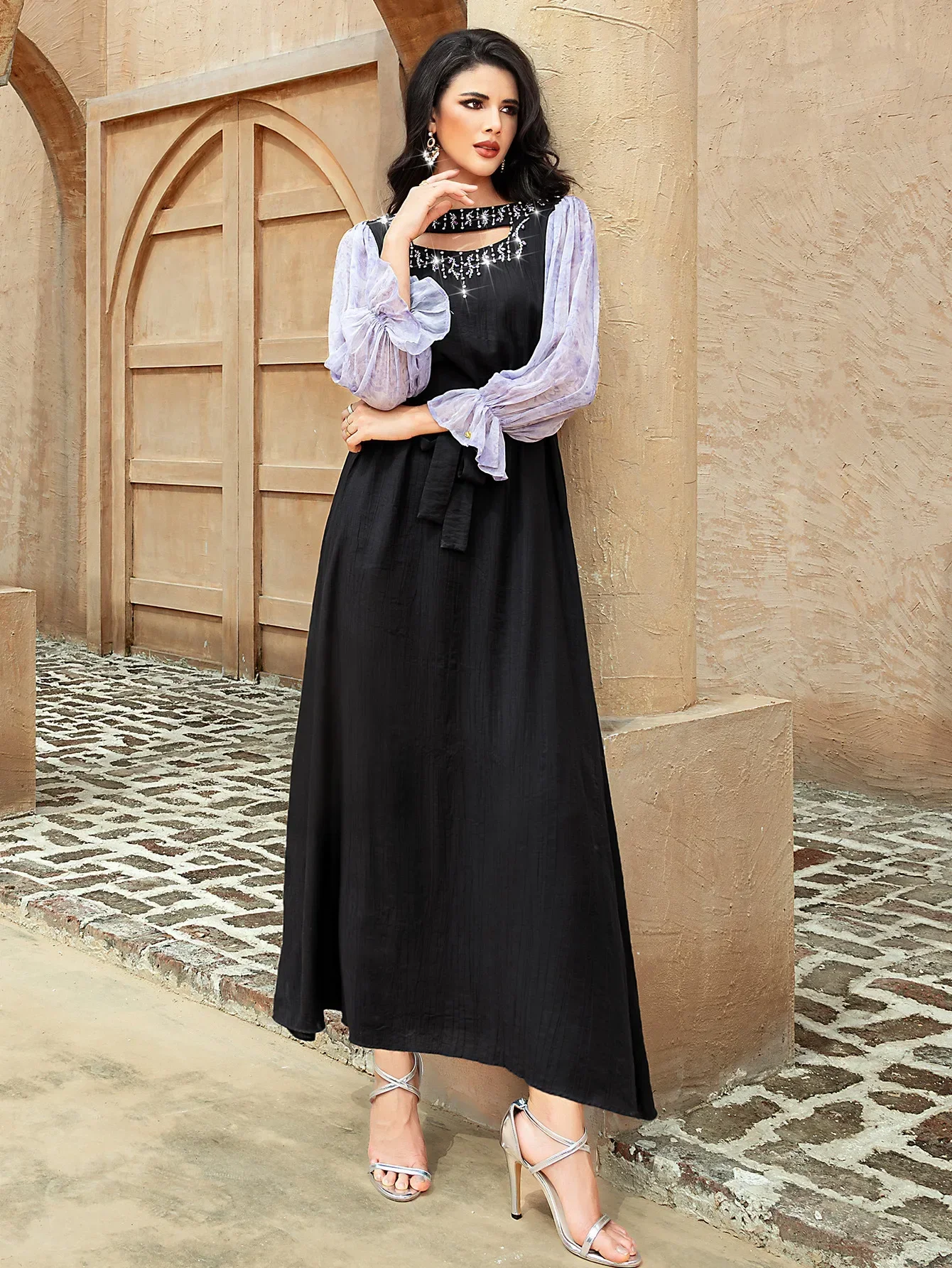 

Elegant Chiffon Diamond Evening Party Dress for Women Muslim Dubai Abaya Turkey Kaftan Eid Ramadan Islam Clothing Morocco Caftan