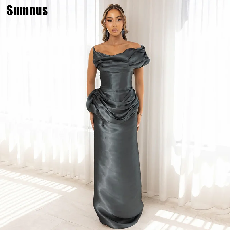 

Элегантные прямые вечерние платья Sumnus, серые, с открытыми плечами, из атласа, с плиссировкой и драпировкой, нарядные платья для торжественных мероприятий, на заказ