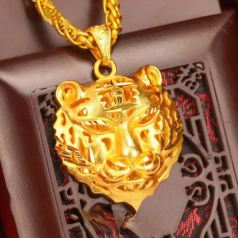 

Men's Sand Gold Simulation Gold Plated Non Fading Natal Zodiac Tiger Head Pendant Necklace Birthday Anniversary Jewelry Gift