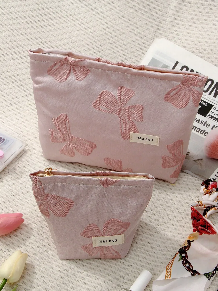 

Набор косметичек с розовым бантом и принтом на молнии - маленькие и большие дорожные косметички для макияжа