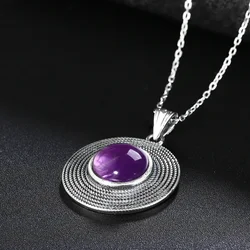 Sterling Silver 10MM Round Amethyst Pendant Necklace Ladies Handmade Natural Gemstone Charm Necklace for Women Gift