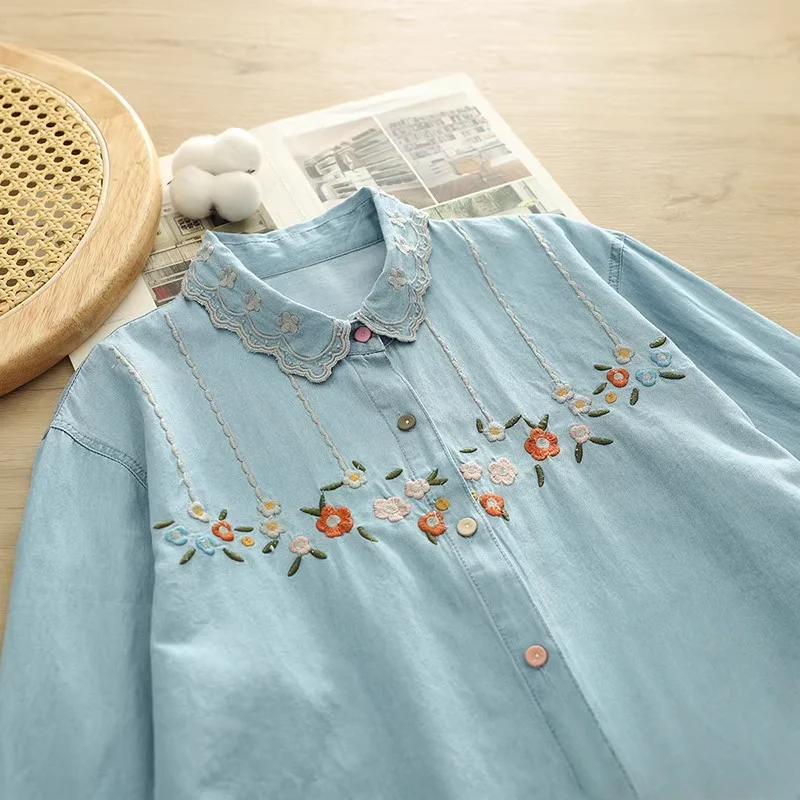

2025 Autumn women clothing Japanese style flower embroider denim blouses bohemian soft cotton women's denim shirts