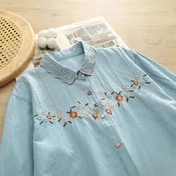 2025 Autumn women clothing Japanese style flower embroider denim blouses bohemian soft cotton women's denim shirts