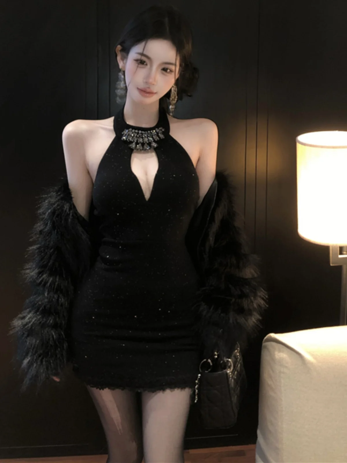  vestido preto sexy com design vazado e enfeites de diamante bodycon cintura alta mistura de aodão para mulheres jovens