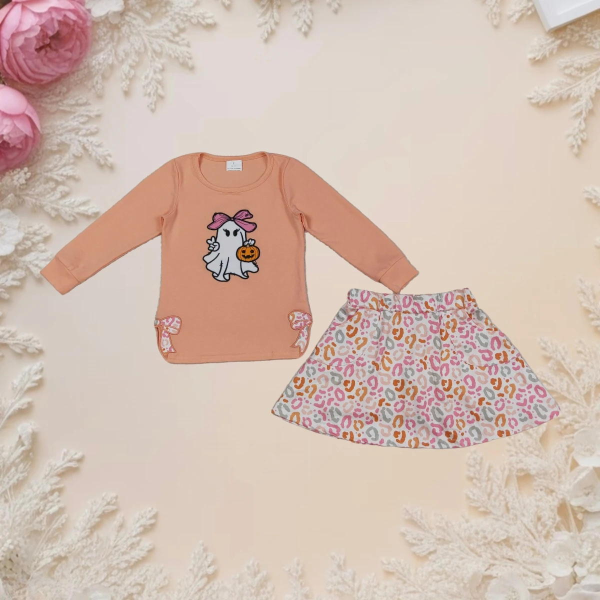 

Hot Sale Kids Halloween Outfit Toddler Child Long Sleeve Top with Cute Ghost Print and Leopard Skirt Skort Girls Party Costume