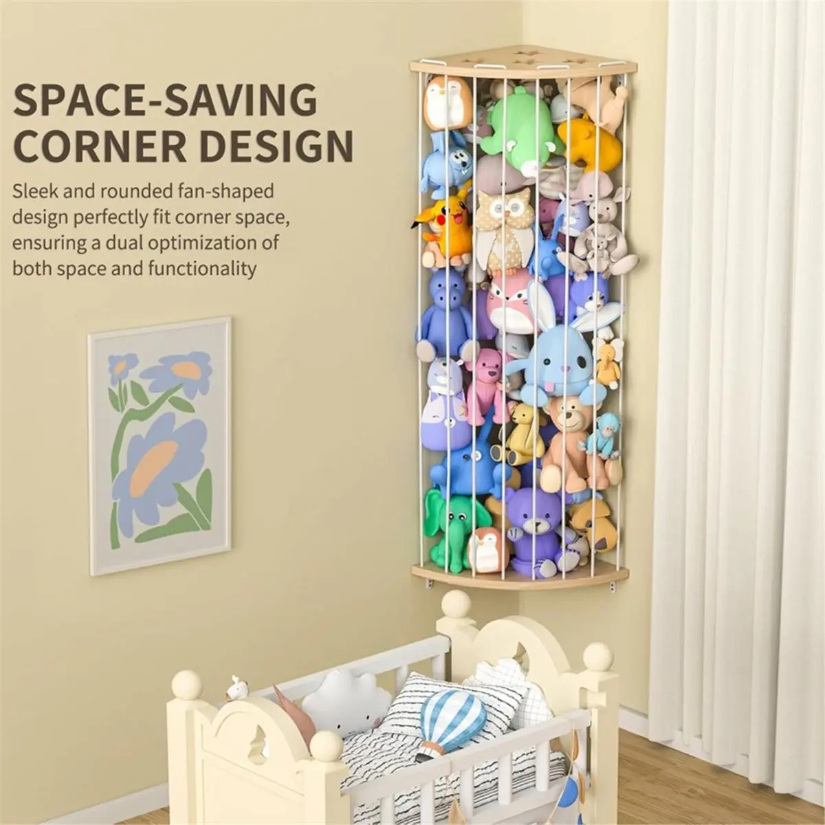 Time Saving Stuffed Animal Storage Wood Corner Plush Toys Holder with Star Pattern, Length Adjustable Hanging Stuffed Animal