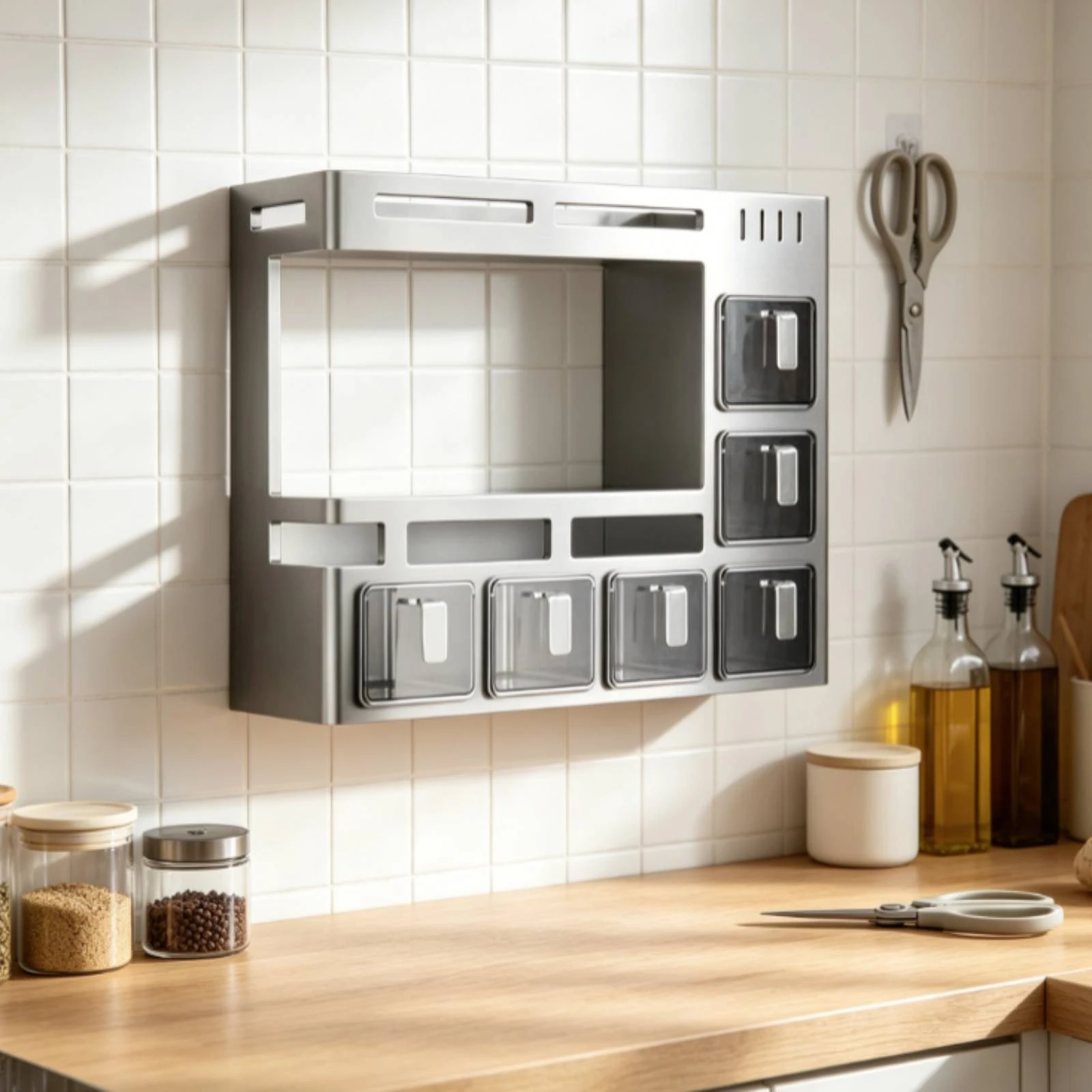Wall Mounted Seasoning Rack Rectangular Wall Seasoning Rack Sturdy Long-Lasting for Kitchen, Rental Kitchens