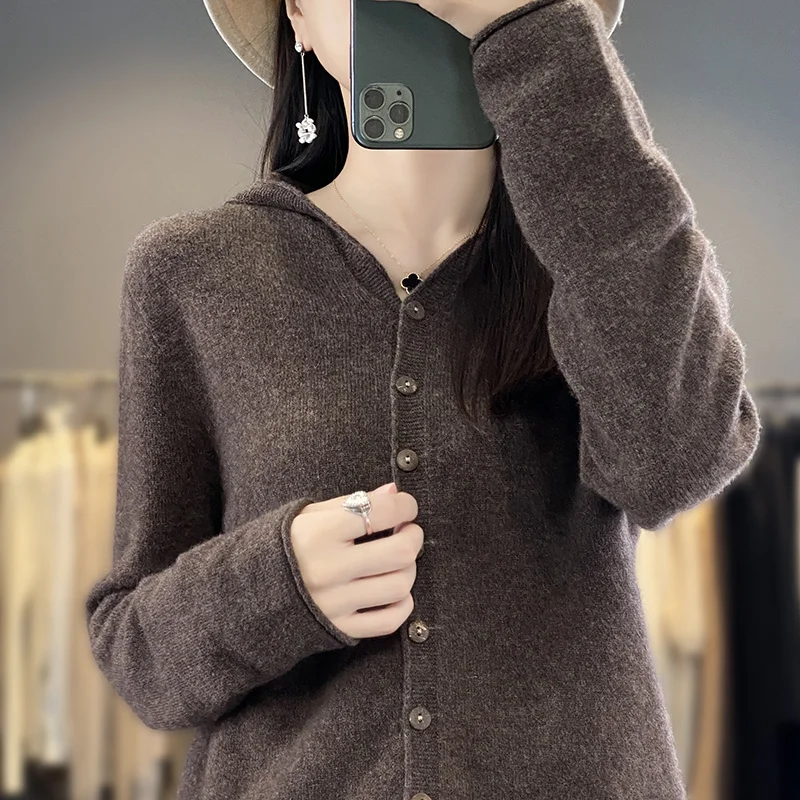 100% Merino Wool Sweater Cardigan Women Korean Fashion Coat Solid Color Top 2024 Spring/Autumn/Winter Women Hooded Cardigan