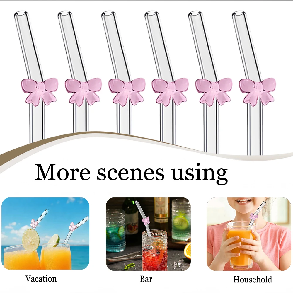 مجموعة قش زجاجية شفافة مكونة من 6 قطع، مقاومة للكسر مع لمسات فيونكة وردية ساحرة، قابلة لإعادة الاستخدام للعصائر والحليب والشاي والي