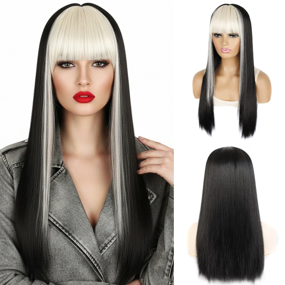 

Women Synthetic Colored Bleached Sideburns Bangs Long Straight Wig Full Head Cover Hip Hop Anime Cosplay Party