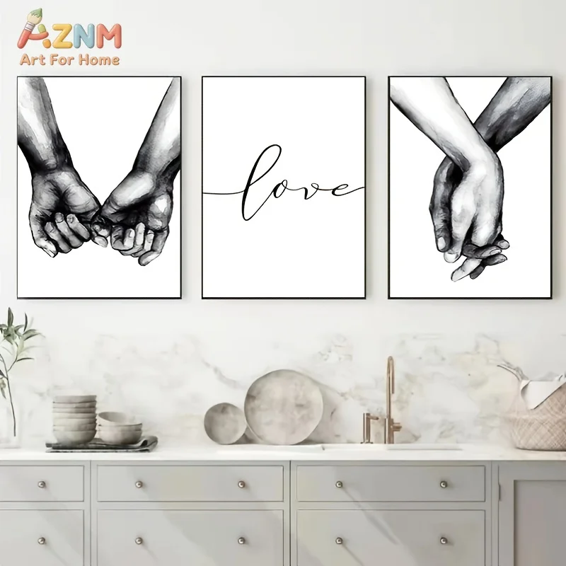 AZNM Black White Hand In Hand Love Canvas Wall Art Minimalist Line Art Painting Romantic Love Quote Print Unframed Canvas Poster