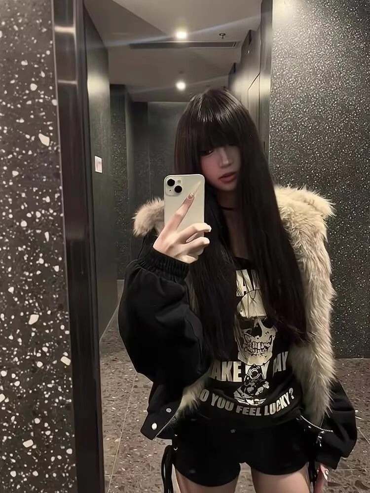 الأمريكية خمر أبلى سستة فو الفراء كم طويل لون نقي موضة جيب ثقافة فرعية لصق مقنعين Woamn 2025 الخريف