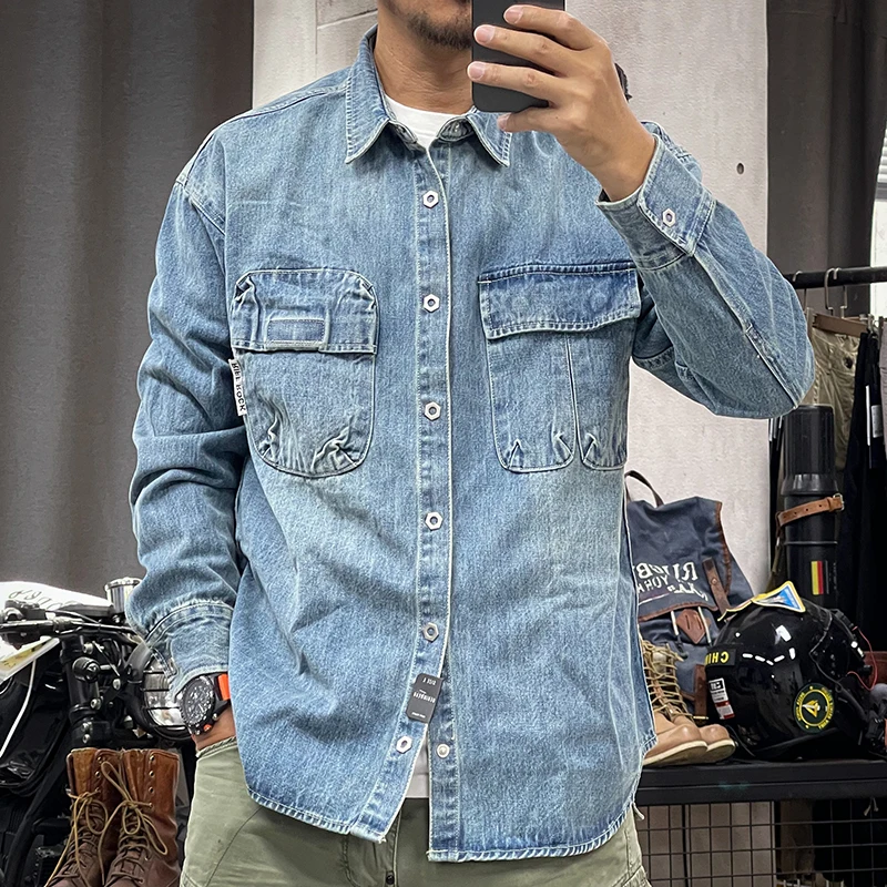 Spring and autumn new American vintage heavy wash vintage color pocket loose denim shirt coat shirt for men