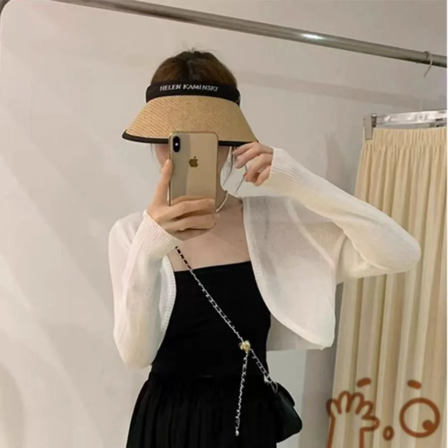 Short Ice Silk Knitted Sun Protection Cardigan Women Thin Suspender Skirt Layered Gauze Jacket Air-conditioned Cropped Cover Up