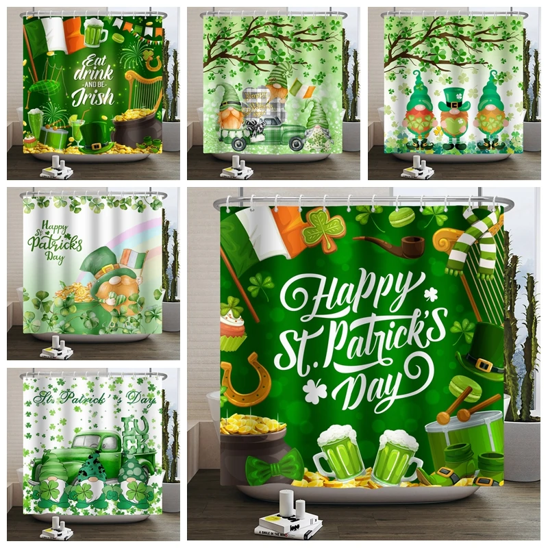 St Patricks Day Shower Curtain for Bathroom Happy St. Patrick's Leprechaun Gnomes Irish Green Truck Waterproof Bath Curtain