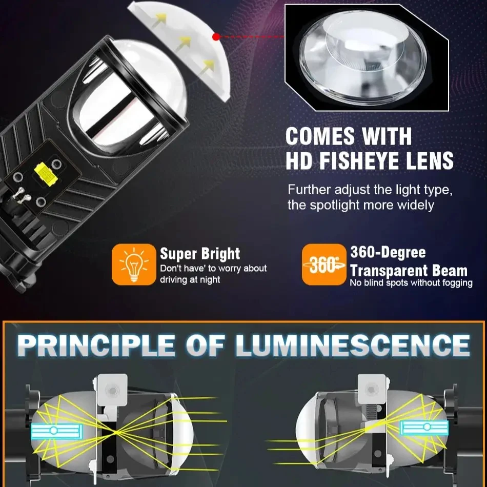 H4 Motorcycle Headlight Canbus LED Projector Mini Lenses Car Bulb High Low Beam Turbo Fan 6000K Automobile Dual Projector Lens