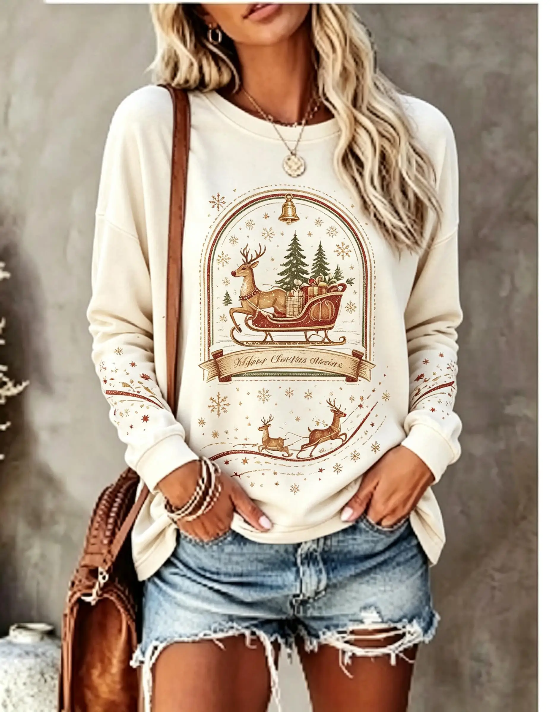 Women Long Sleeve T‑Shirt Boho Christmas Reindeer Sleigh Pine Tree Snowflake Print Crew Neck Casual Tops