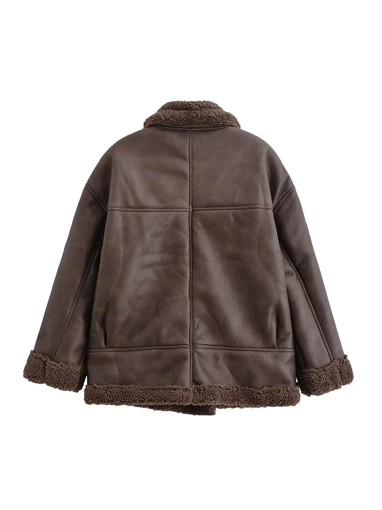 Estilo europeu novo feminino elegante e versátil elegante casual cor sólida lapela único breasted shearling casaco