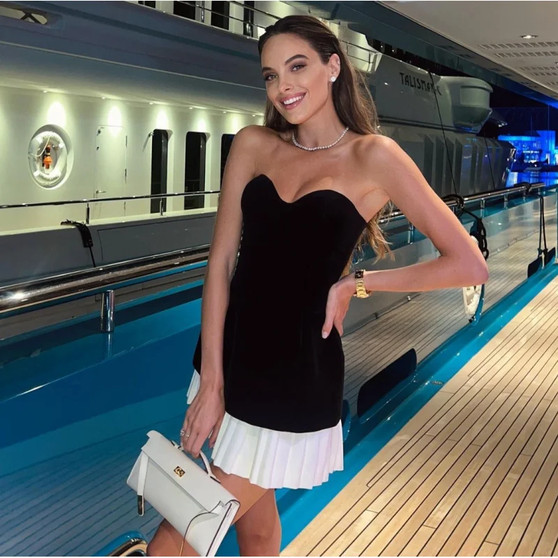 

New Women's Fashion Hot-Selling Velvet Strapless Patchwork Dress