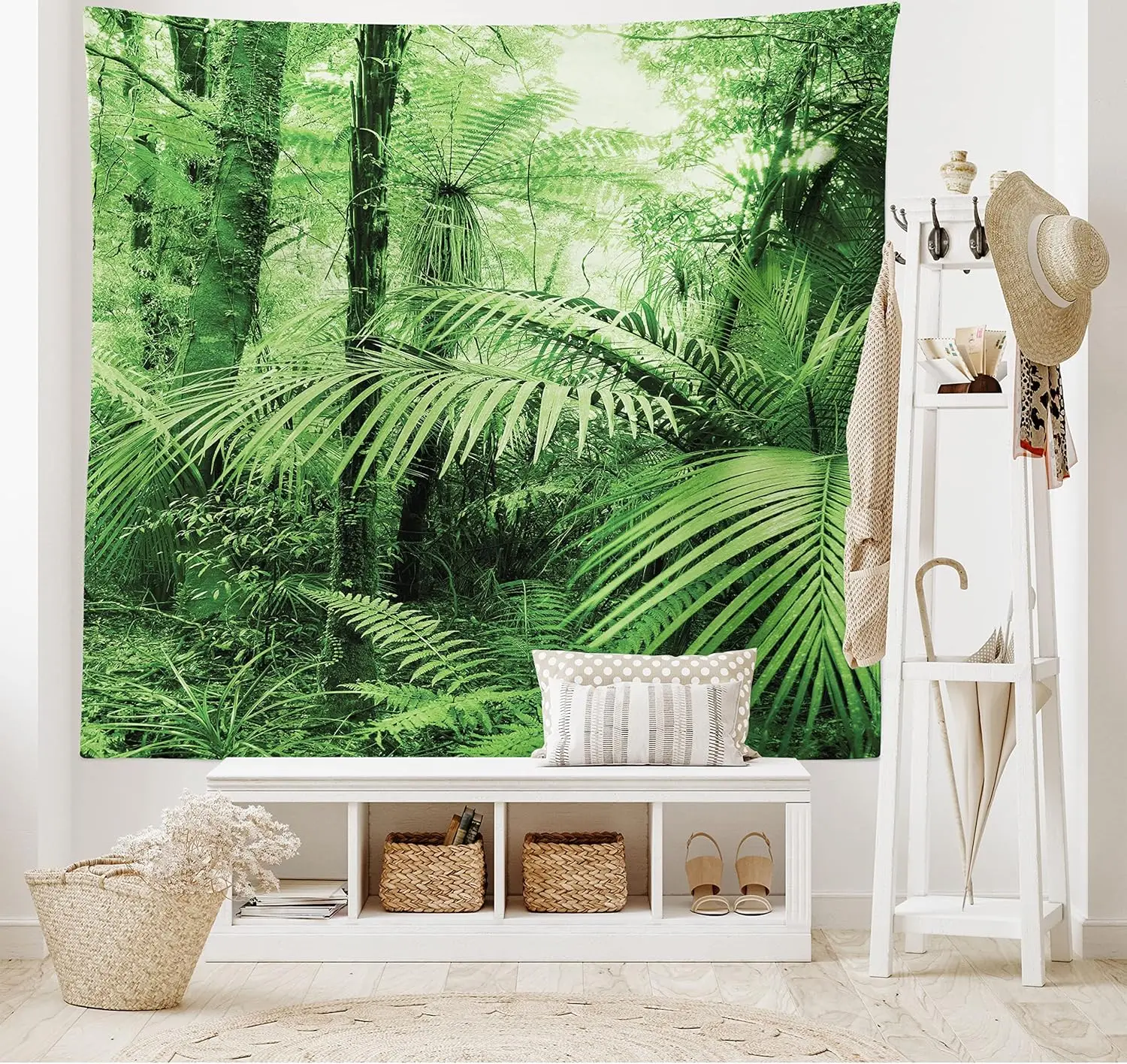 Rainforest Tapestry, Palm Trees and Exotic Plants in Tropical Jungle Wild Nature Theme Illustration, Wide Wall Hanging for