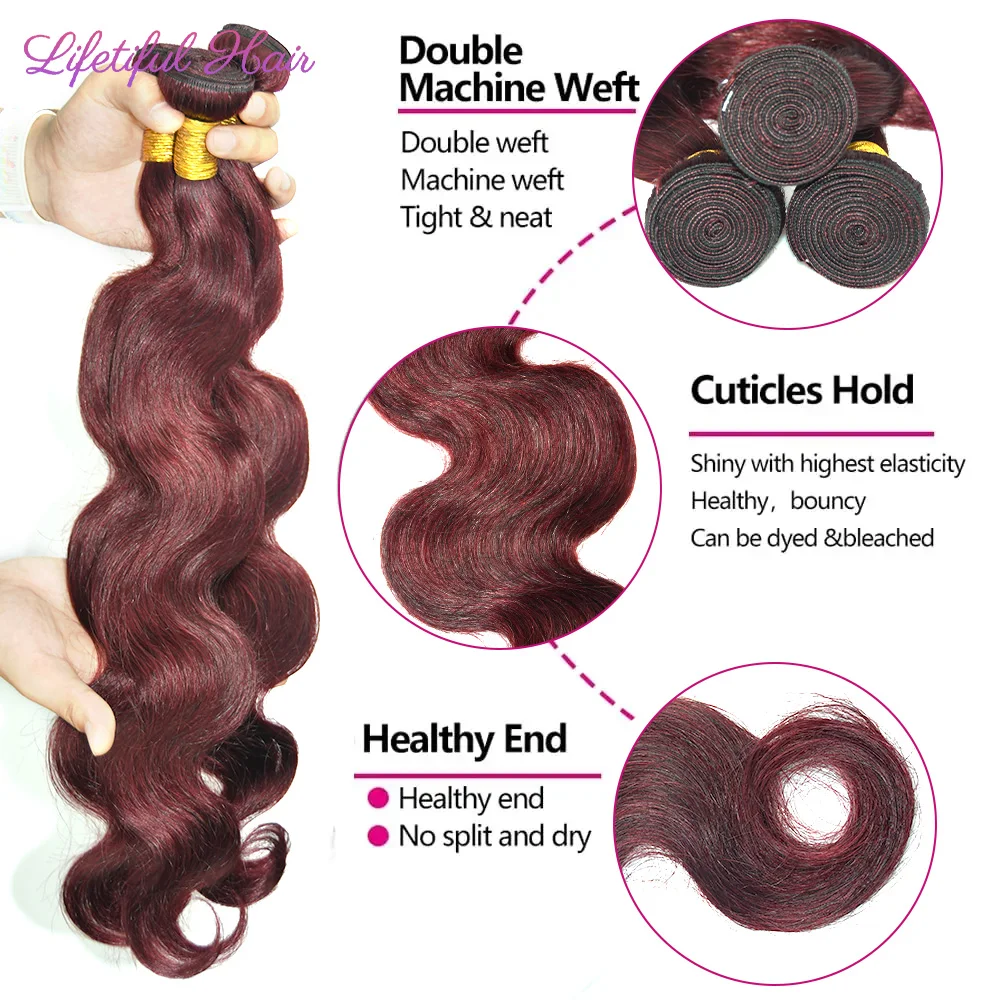 99j Burgundy Human Hair Bundles 100% Human Hair 22 24 26 Inch Body Wave Raw Hair Bundles Soft 3 Pcs Colored Brazilian Extensions