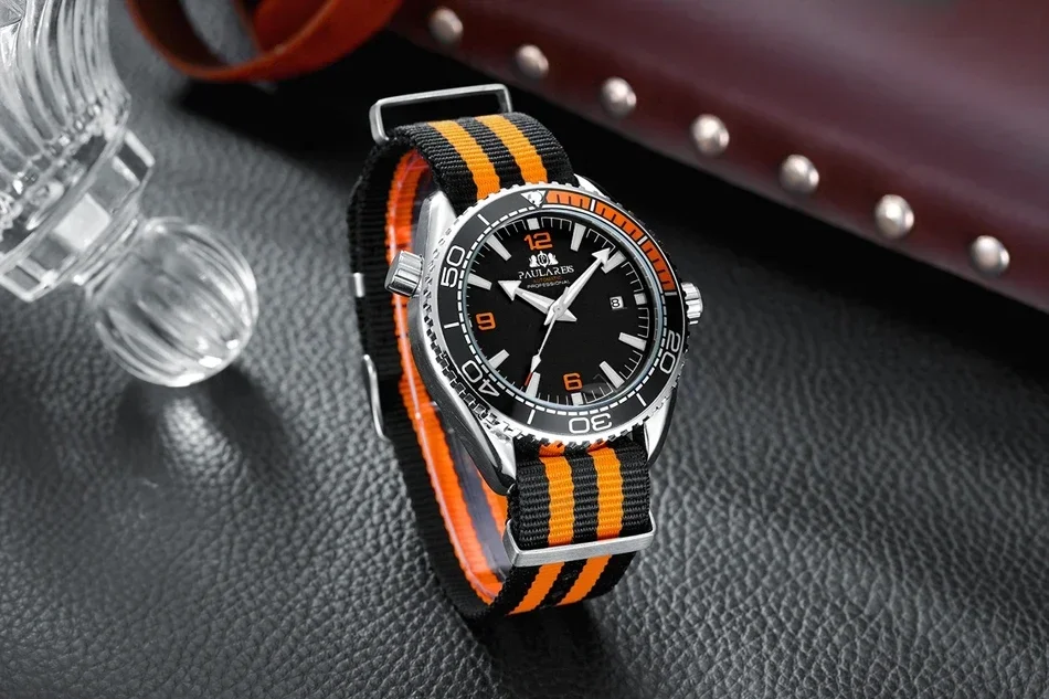 Automatic Watch for Men Mechanical Orange Black Blue Canvas Strap Luxury Reloj Hombre Relogios Masculino