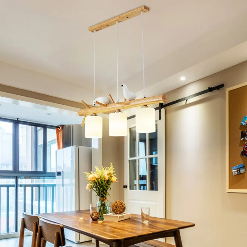 

Nordic Minimalist Solid Wood Chandelier Kitchen Table Restaurant Chandelier Creative Branche And Birds Led Japanes Hanging Light