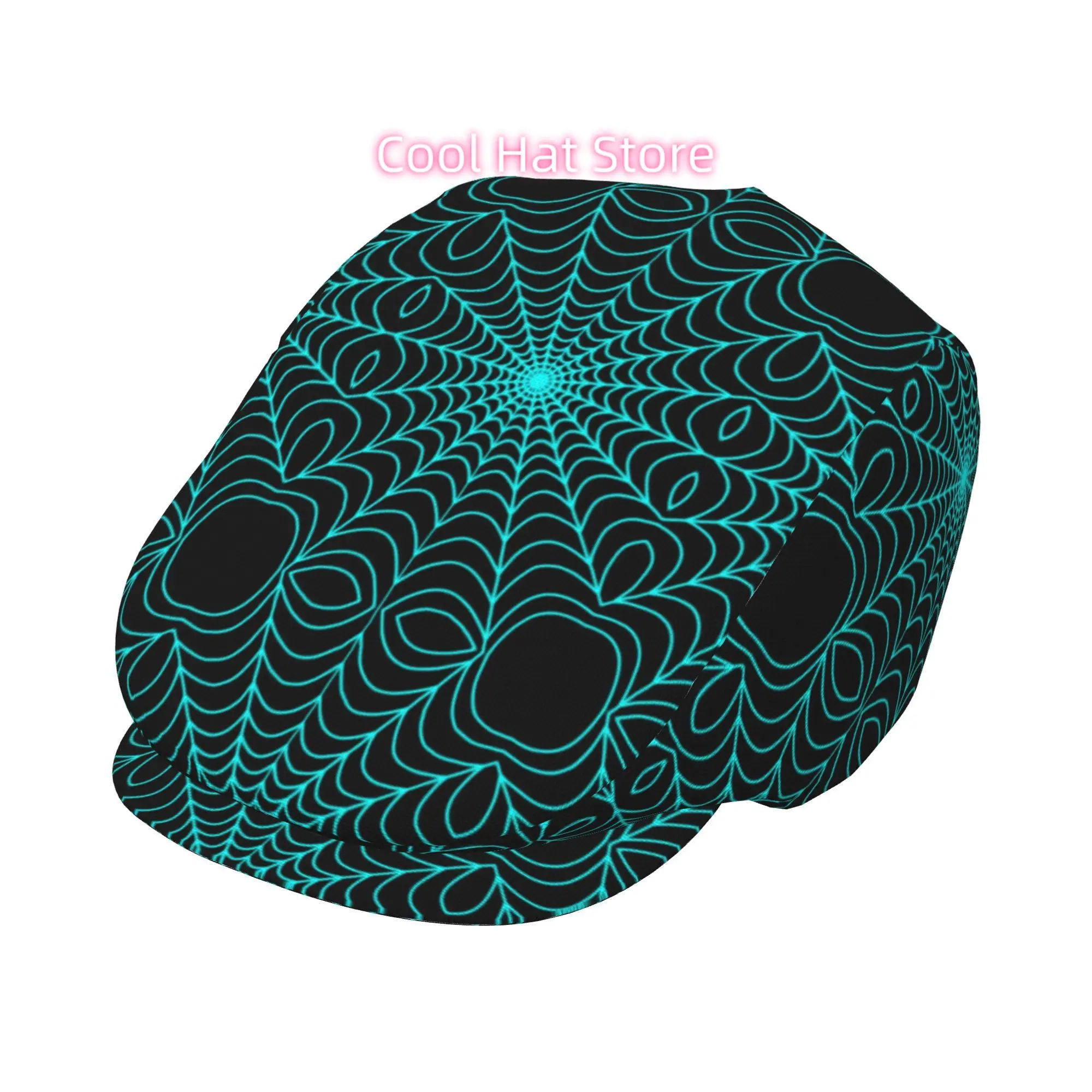 1pc Neon Cyan Spiderweb Print Retro Flat Cap - Adjustable Unisex Newsboy Beret Ivy Cabbie Hat, Lightweight Polyester with Glowin