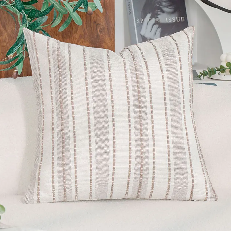 1pc Linen Blend Jacquard Throw Pillow Cover 45x45cm Vertical Striped Cushion Cover for Sofa Couch Living Room Boho Home Decor