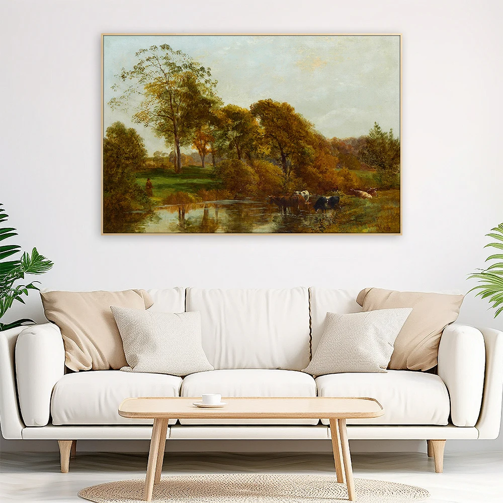 Cows Watering by a River Canvas Print Painting 19th Century Pastoral Scenery Classical Wall Art Home Decor Items Illustration
