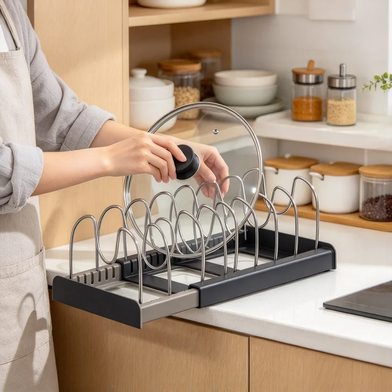 7 Grid Expandable Pot Holder Rack, Telescopic Design Space Saver Kitchen Cabinet Organizer for Cookware