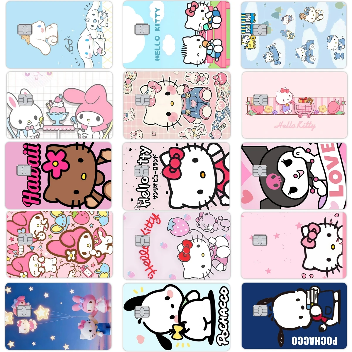 

Наклейки-скины для кредитных карт Cinnamoroll Kuromi My Melody в стиле аниме, кавайные, лазерные, с эффектом звездного сияния, для банковских дебетовых карт, подарок для девочек, игрушка