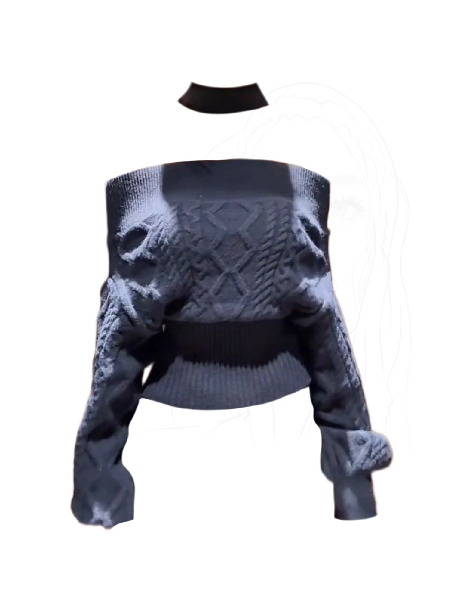 

Women's Dark Blue Pullover Korean Sweater Vintage 2000s Y2k Long Sleeves Slash Neck Oversize Jumper Knit Sweater Spring Autumn