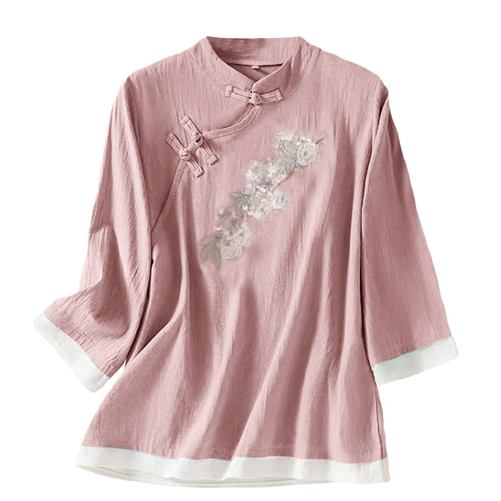 

Women's Floral Embroidery Elegant Top Chinese Fashion Long Sleeve Cheongsam Shirts Three Quarter Sleeves Casual Loose Blouses