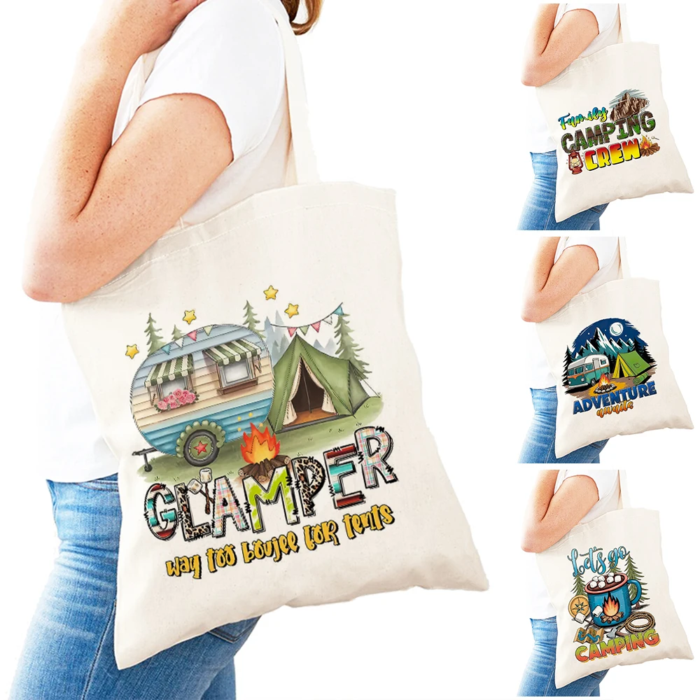 

Glamper Vibes Lady Shopping Tote Bag Adventure Awaits Women Daily Use Satchel Double Print Happy Place Girl Shopper Bags 31x36cm